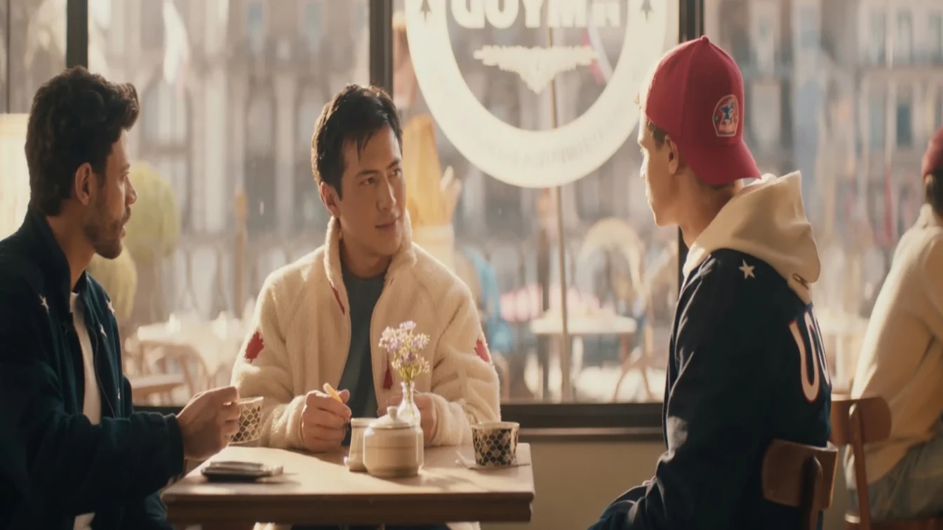 Hudson Williams as Shane Hollander (center) wears a virally popular fleece zip-up jacket with iconic maple leafs in an episode of Heated Rivalry.