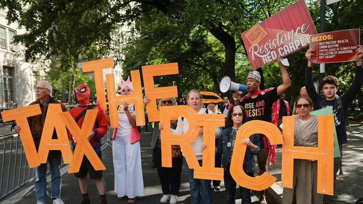 Protesters gather blocks away from where the Met Gala is being held in Manhattan on May 4 in New York City.