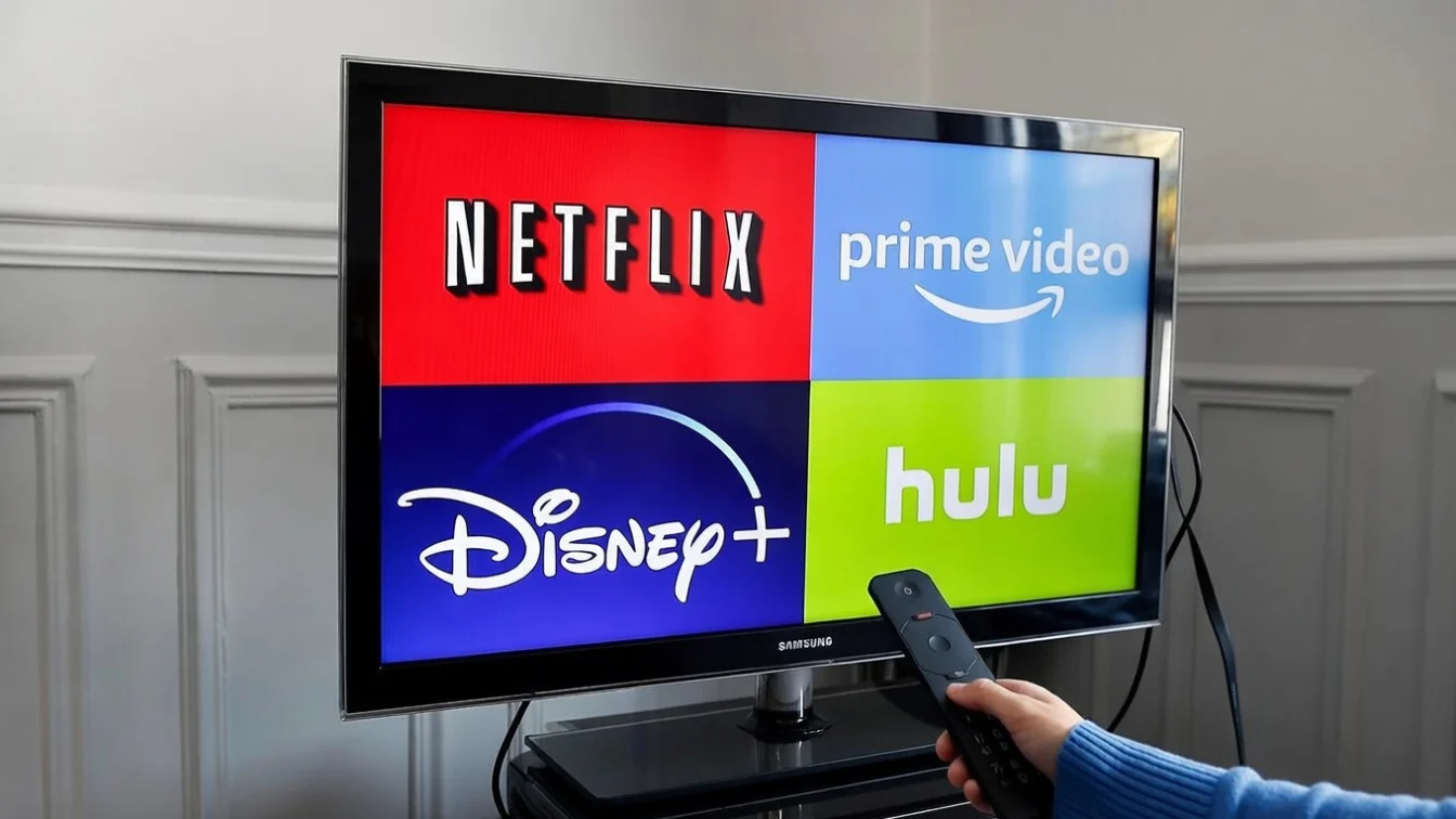 In this photo illustration, the logos of media service providers, Netflix, Amazon Prime Video, Disney + and Hulu are displayed on the screen of a television on November 20, 2019 in Paris, France.