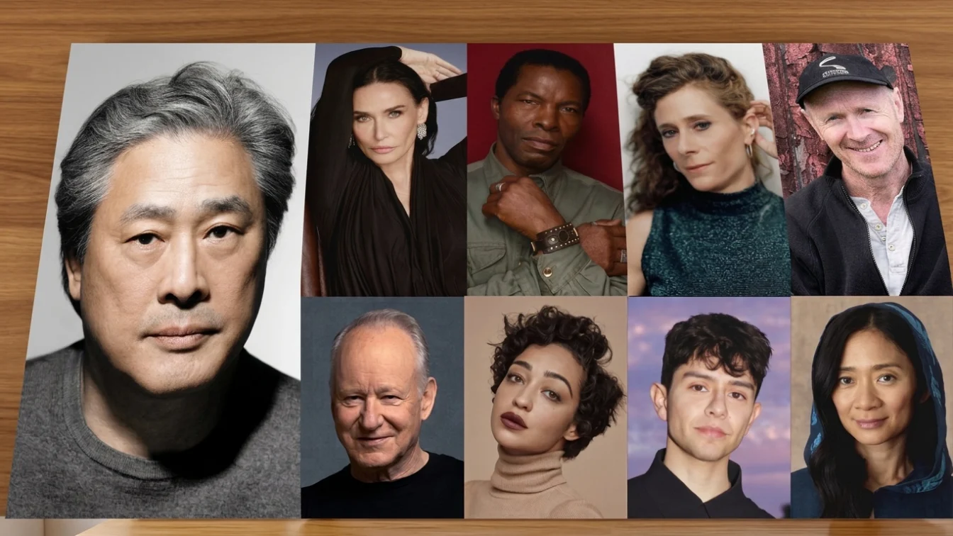 Clockwise from left to right: Park Chan-wook, Demi Moore, Isaach De Bankolé, Laura Wandel, Paul Laverty, Stellan Skarsgård, Ruth Negga, Diego Céspedes, Chloé Zhao