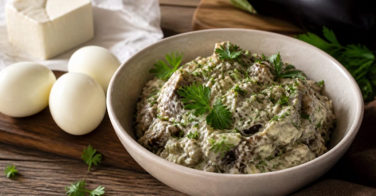 O salată de vinete cremoasă, dar fără ulei, se prepară cu ouă fierte și cremă de brânză