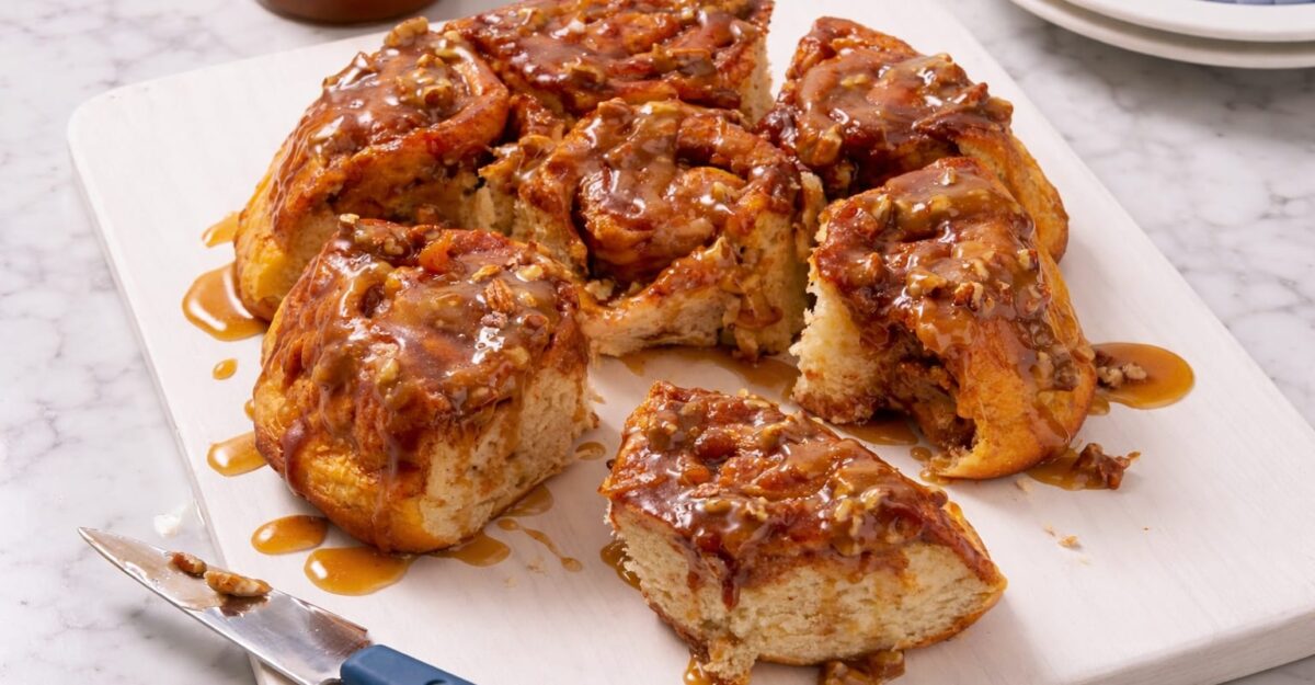 Sticky buns se coc 35-40 de minute la 190°C. Un mic dejun festiv care îți schimbă duminica prin două